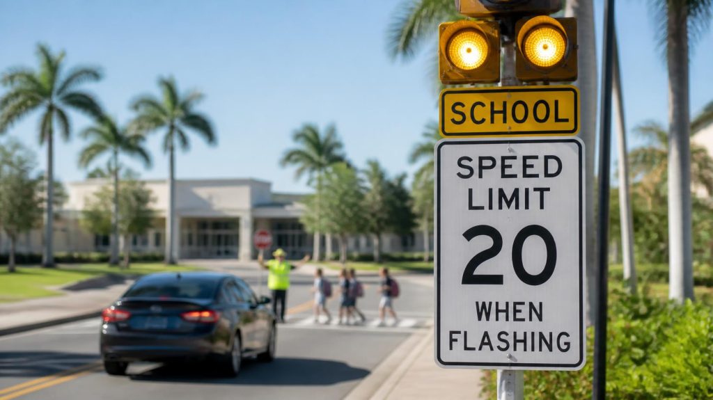 School zone speeding in Florida: a 20 mph when flashing sign with amber beacons near a crosswalk