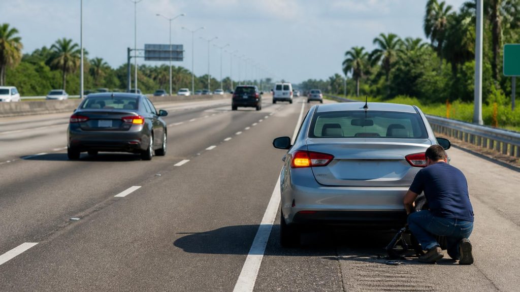 Florida move over law: a car changes lanes to pass a disabled vehicle with hazard lights on the interstate shoulder