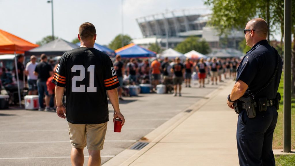 Open container laws at a tailgate: a fan carries an open beer toward the sidewalk as police patrol a stadium lot