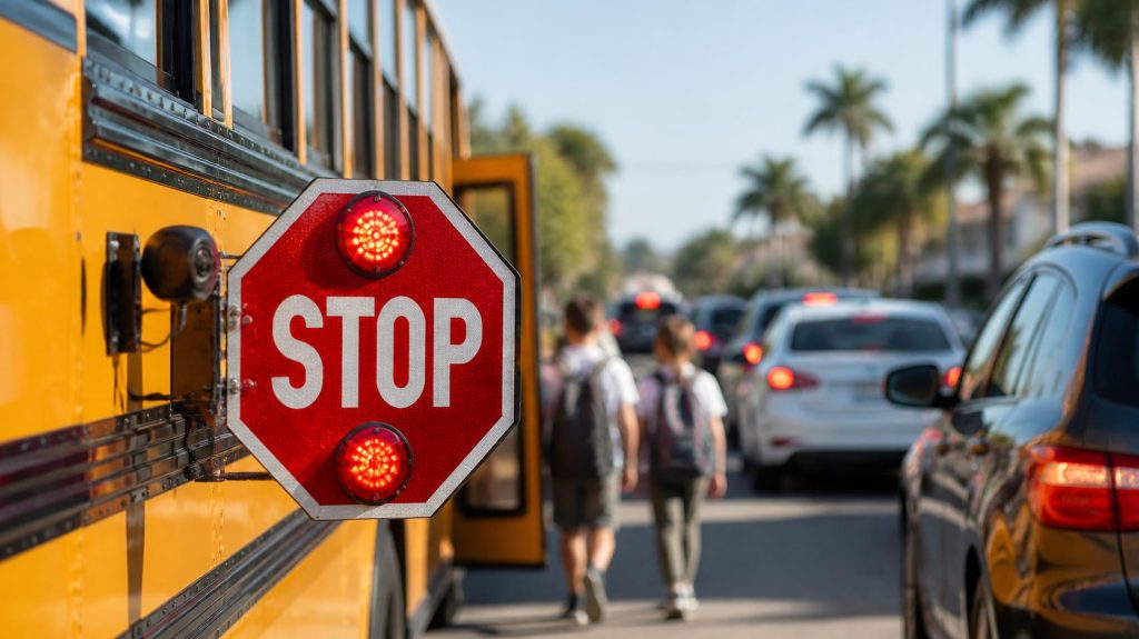 Florida school bus stop-arm law: cars stopped for a school bus with its stop arm extended and a camera mounted beside it