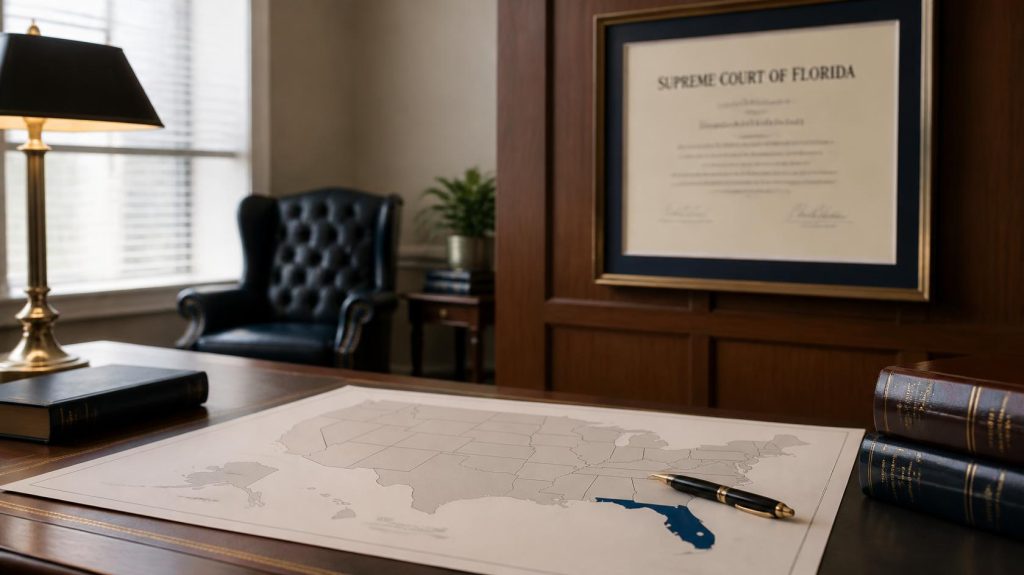 Florida law license from the Supreme Court of Florida above a U.S. map with only Florida highlighted