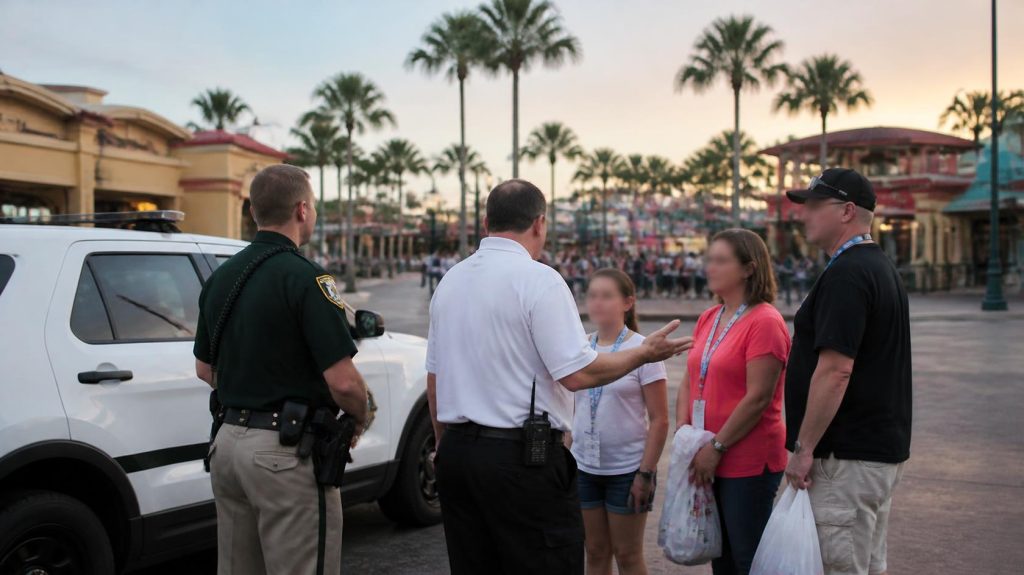 No Disney jail: a sheriff's deputy and private security guard at a Florida theme park entrance