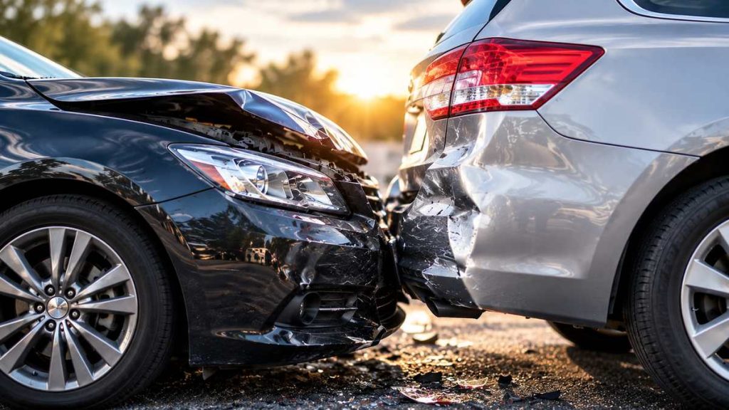 Two cars with front and rear-end damage after a collision on a roadway