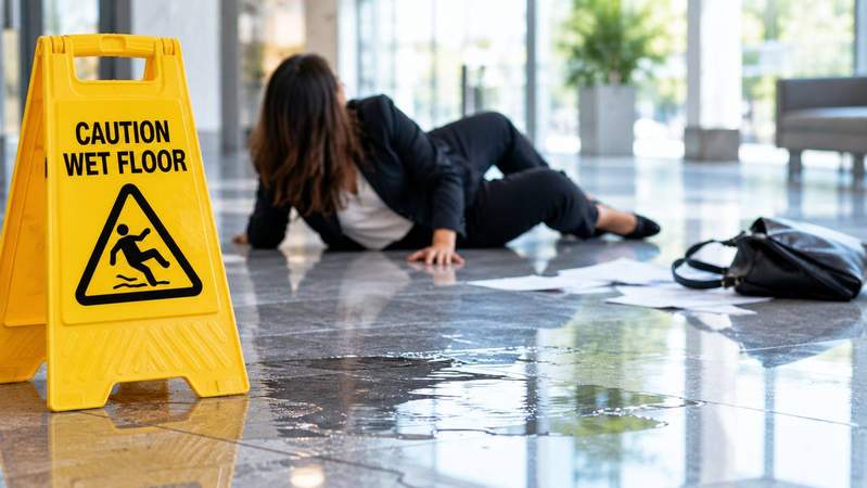 Wet floor in a building lobby creating a slip-and-fall hazard near a caution sign