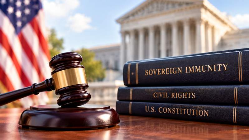 udge’s gavel and law books about sovereign immunity and civil rights in front of a courthouse and American flag