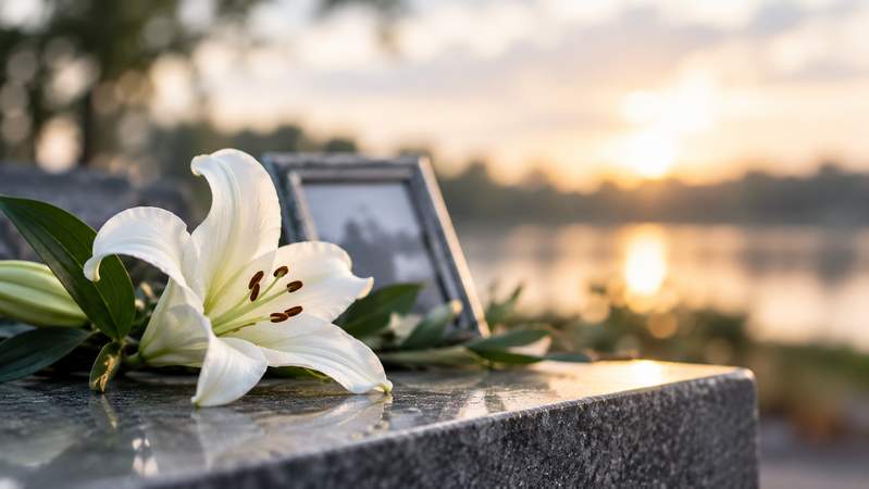 White lily resting on a stone surface at sunset, symbolizing grief and remembrance after a wrongful death